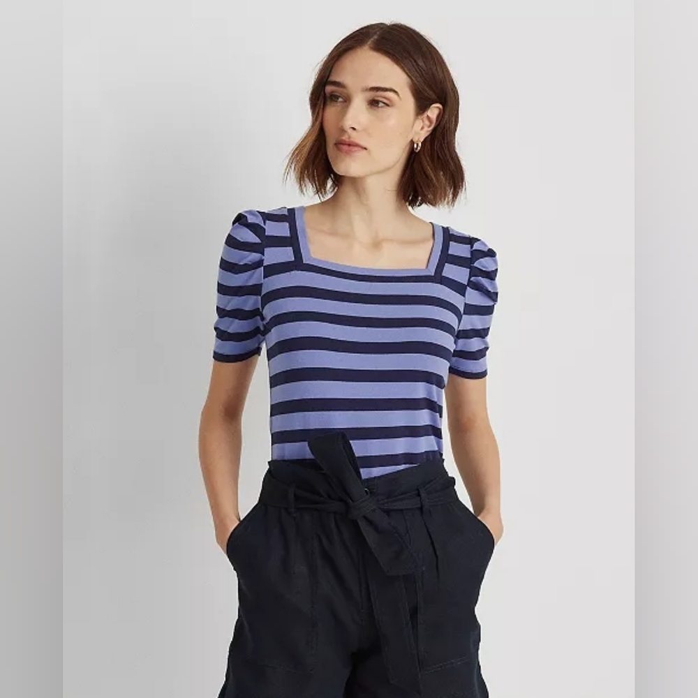 Ralph Lauren Blue Striped Puffy Sleeve T Shirt Women's Top Lg